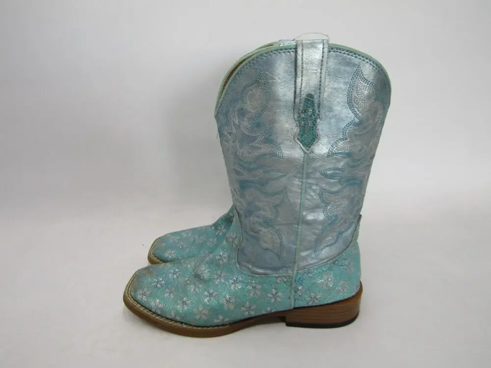 Roper Brand Little Kid Youth Sz 3 Metallic Turquoise Floral Glitter Cowboy Boot